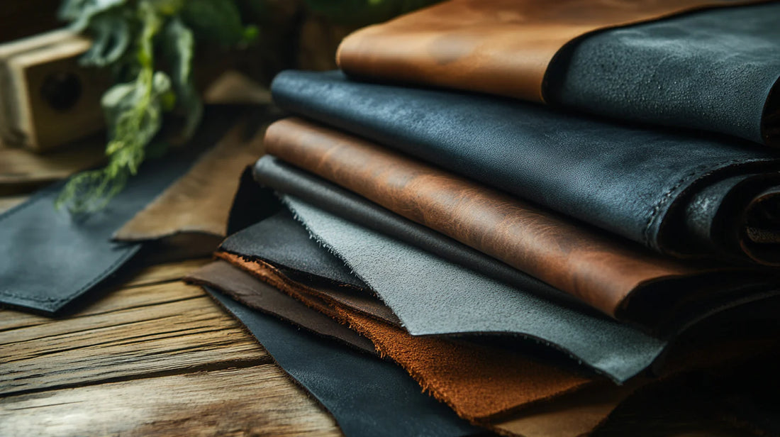 Layers of dark-colored eco-friendly leather materials, including black, brown, and gray, arranged on a wooden table, showcasing different textures and sustainable crafting for polo boots