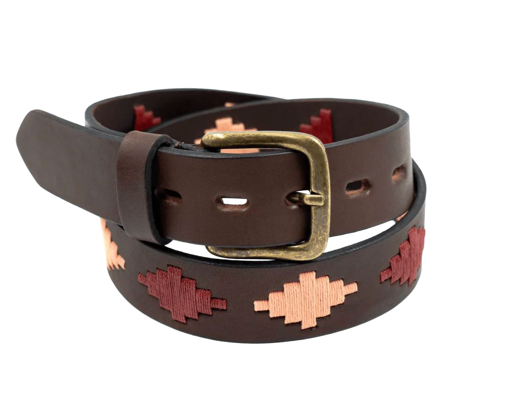 Brown leather polo belt detailed with hand-stitched diamond patterns in a gradient of rose, and deep burgundy.
