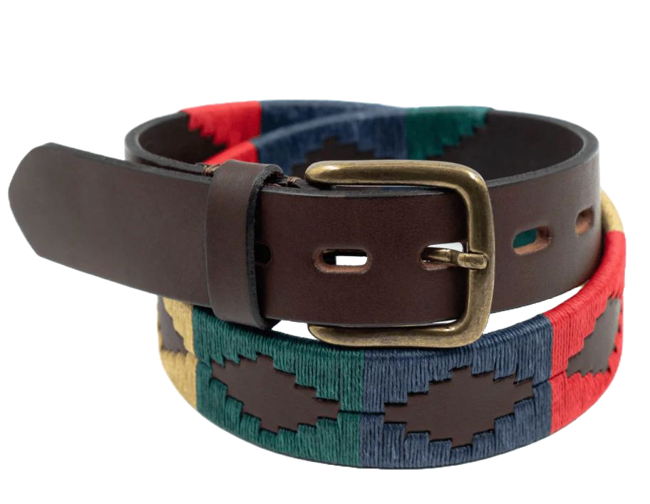 Brown leather Argentinian polo belt featuring traditional embroidered pampa diamonds in red, navy blue, green, and yellow.
