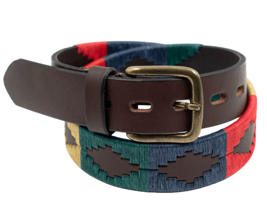 Brown leather Argentinian polo belt featuring traditional embroidered pampa diamonds in red, navy blue, green, and yellow.