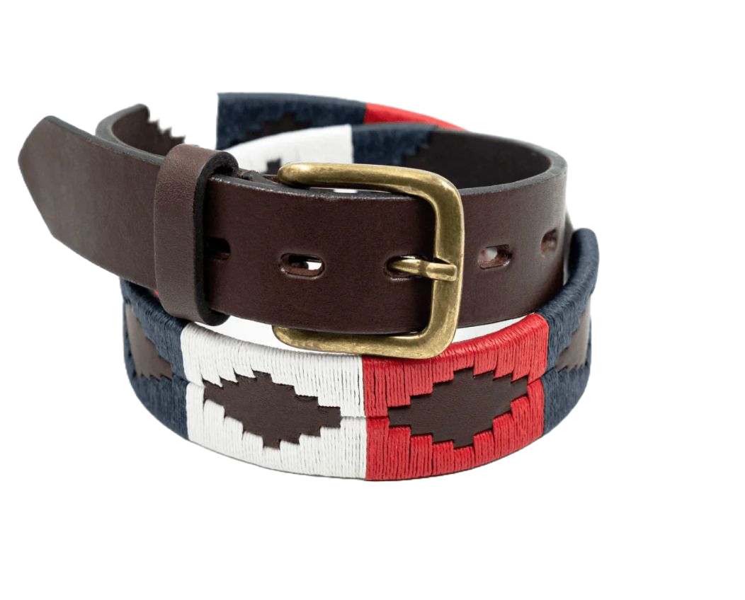 Classic brown leather gaucho polo belt with embroidered geometric patterns in navy blue, white, and red threads.