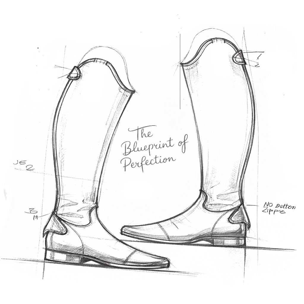 Technical design sketch of a bespoke polo boot showing construction layers and measurements