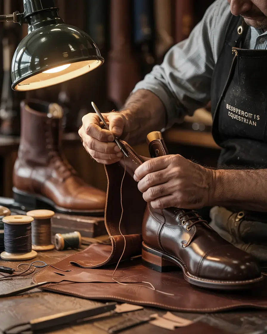 Skilled artisan hand stitching premium full grain leather polo boots