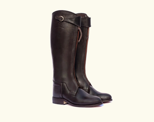 Professional triple layer polo boots in brown full grain leather by Polo Renoir front view